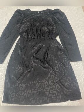 Express Black Leopard Jacquard Long Sleeve faux wrap Dress empire